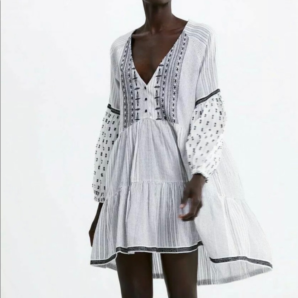 Zara Boho Embroidered Cotton V Neck Mini Dress M